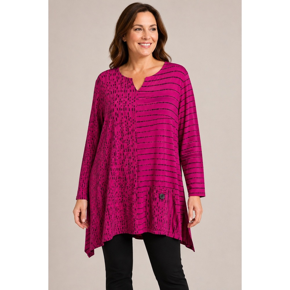 Ali Miles Blouse Tunic Women's XL Stripes Button Trim V-Neck Abstract Pink Black